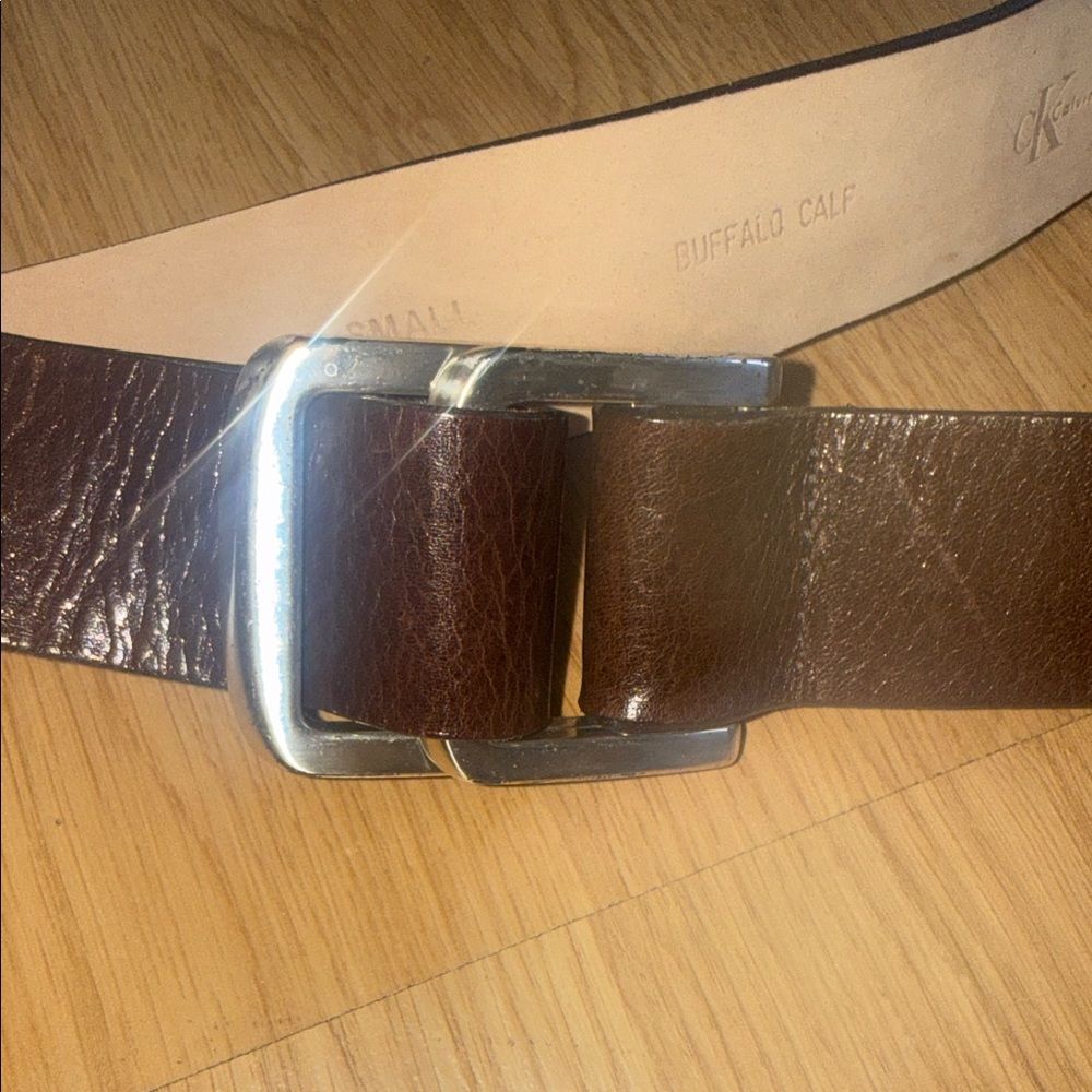 Vintage Calvin Klein Leather Brown Belt Silver Buckle Made in USA Small